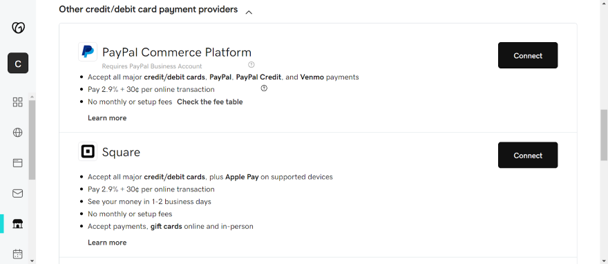 Screenshot of GoDaddy's payment methods list with PayPal and Square as options.