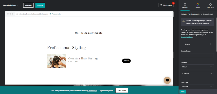 Screenshot of an Occasion Hair Styling service on a GoDaddy services page on the editor.