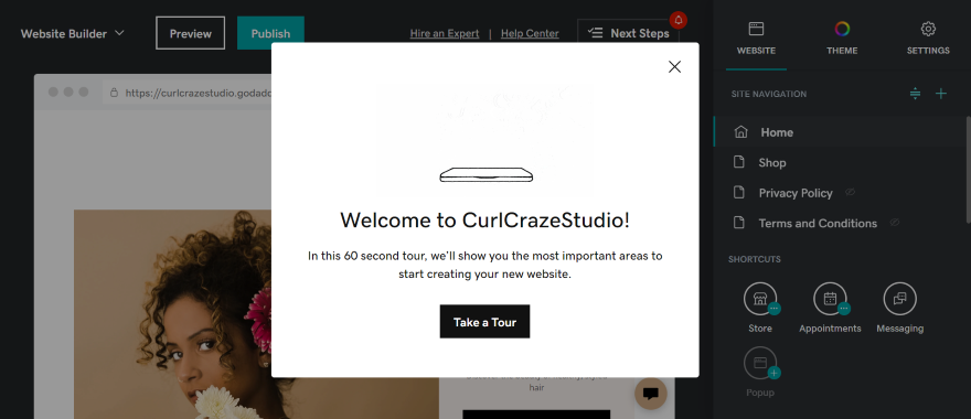 Screenshot of the welcome screen for CurlCrazeStudio with an invitation to take a tour of the website-building features.