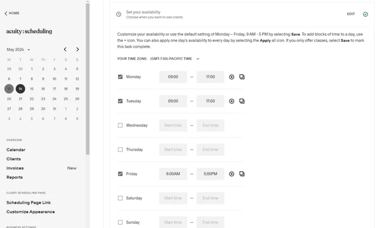 Acuity Scheduling dashboard showing settings to edit availability times