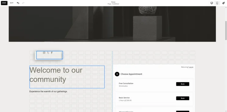 Screenshot of a welcoming community section on a Squarespace website interface with appointment booking options.