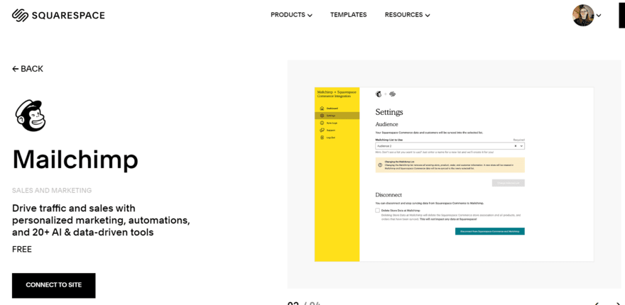 Mailchimp integration page in Squarespace Extensions showing a preview of the app and a button to "connect to site"