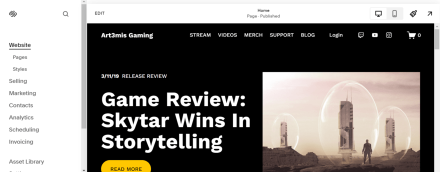 Screenshot of a game review for Skytar highlighting its storytelling achievements on Art3mis Gaming website.