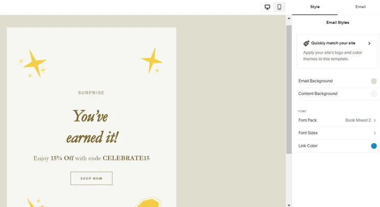 Squarespace email marketing template for a unique discount code, showing a sidebar to edit the email's style