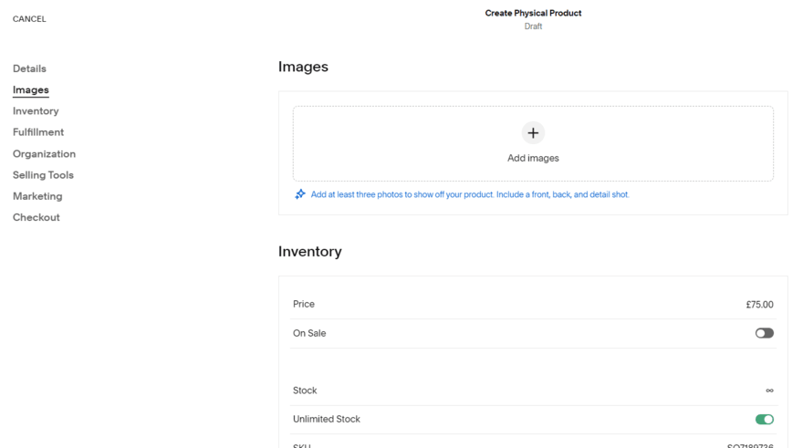 Product page form for adding a new product on Squarespace, showing a box to add images and inventory data like pricing