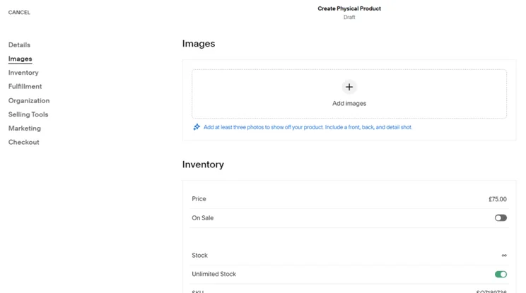 Product page form for adding a new product on Squarespace, showing a box to add images and inventory data like pricing