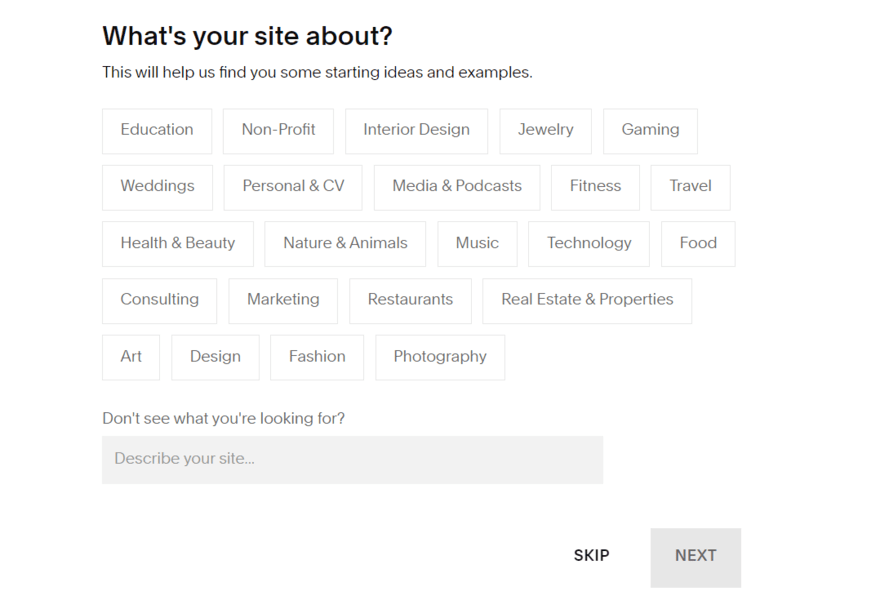 Screenshot of a website interface asking "What's your site about?" with various category options for site themes and ideas.