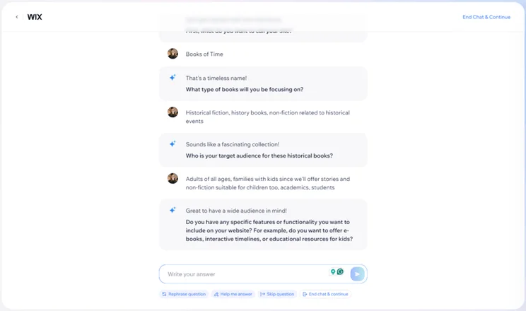 Wix AI chatbot asking questions about the website and business to build a site profile