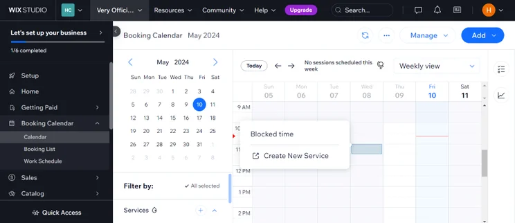 Screenshot of an online booking calendar interface showing the month of May 2024, with options for scheduling and managing appointments.