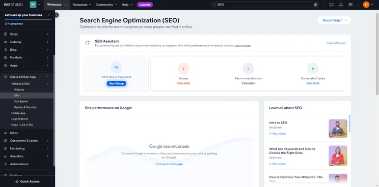 Screenshot of Shopify's SEO optimization dashboard featuring tools for site performance and setup checklist.