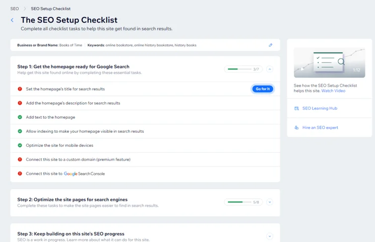 Wix SEO setup checklist showing three steps for website improvement
