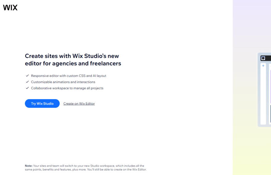 Wix onboarding asking users to try Wix Studio or create with the Wix Editor