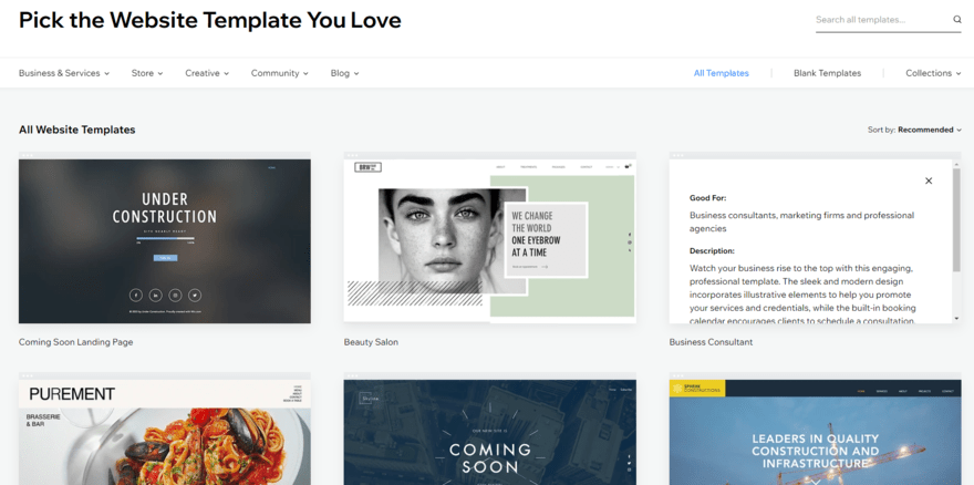 Wix's template library showing six template images