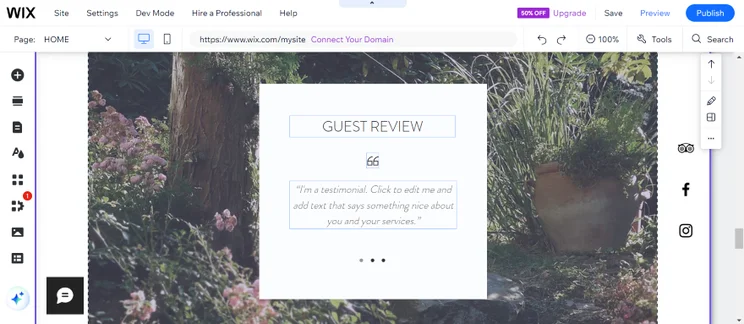 Screenshot of a guest review on a Wix hotels website