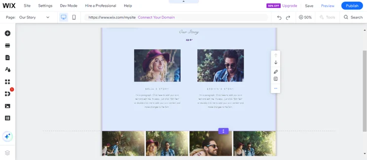 Screenshot of an "Our Story" page from a Wix wedding website displaying photos of the couple and a brief description