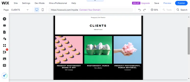 Screenshot of a Wix photography website with a clients page showcasing colorful photographical works.