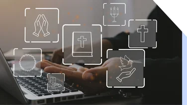 Photo of a laptop with an overlay of religious symbols such as a cross, rosary, and bible.