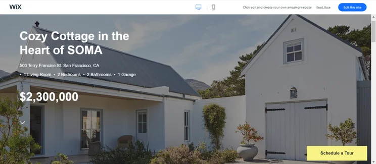 Screenshot of a real estate Wix website with a hero image of a property covering the screen