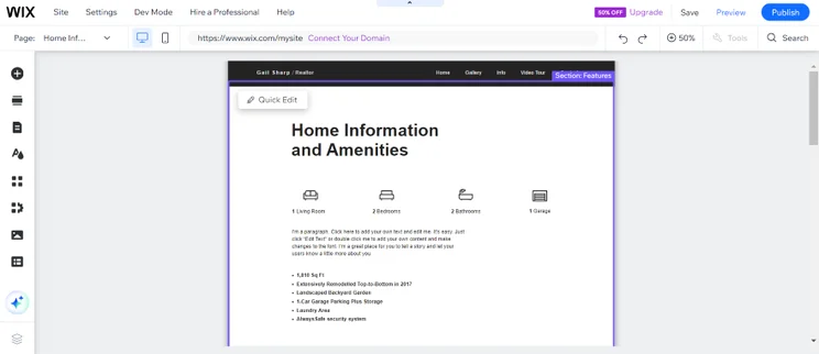 Screenshot of a "home information and amenities" section of a Wix real estate website listing house details