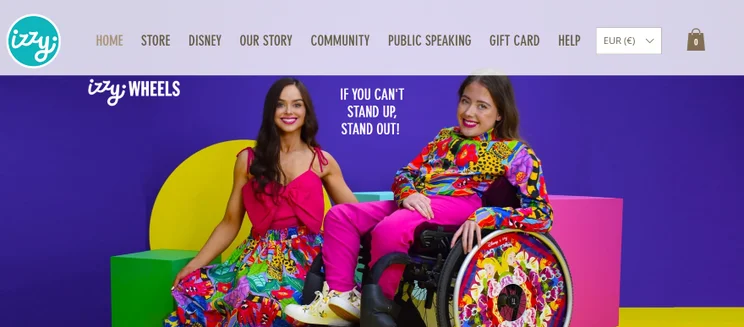 Screenshot of Izzy Wheels homepage with a colourful hero image of a two women