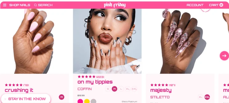 Pink Friday Nails website showing product imagery for press-on nail products