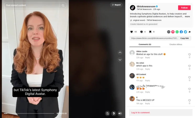 TikTok video page promoting AI avatars