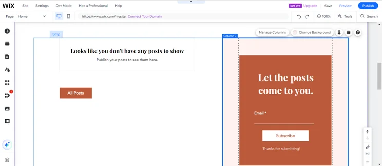 Screenshot of the Wix editor showcasing a blog website with split screen contact from and blog post display.