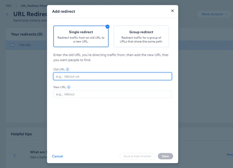 Wix 301 redirect manager with a pop up box to set up single or group redirects