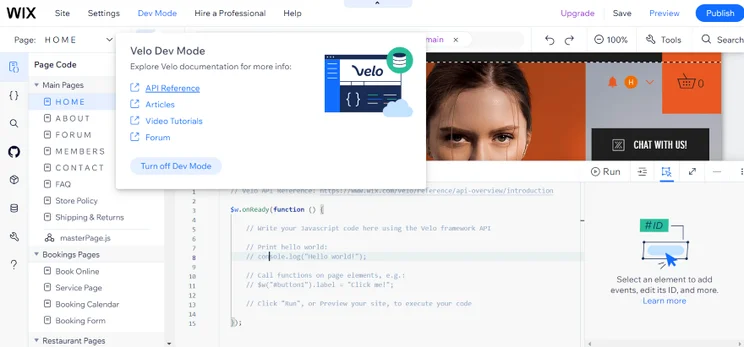 Screenshot of a pop-up in the Wix Velo Editor linking the user to various tutorials on coding