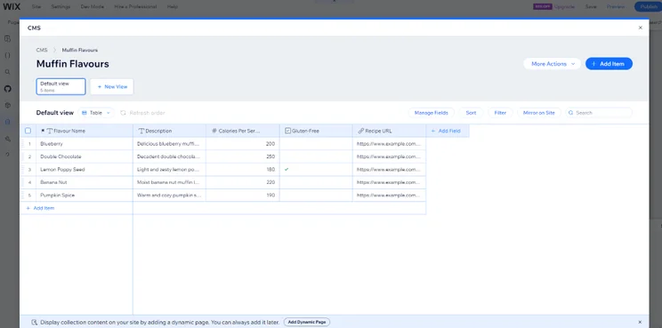Screenshot of a Wix Velo database featuring data on muffins for sale.