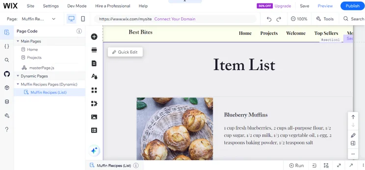 Screenshot of a Wix Velo repeater list featuring muffin recipes.