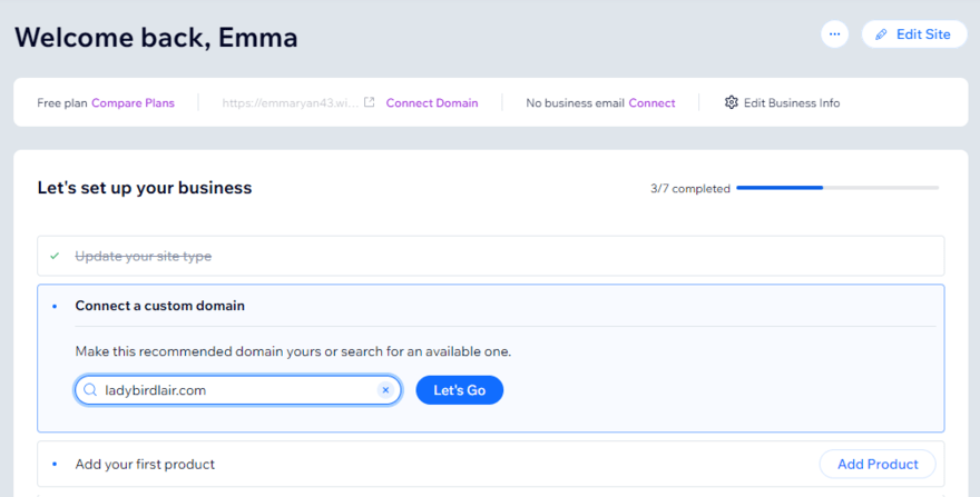 Wix dashboard displaying the setup checklist with a step for connecting your domain name