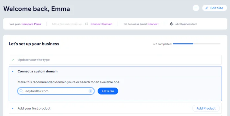 Wix dashboard displaying the setup checklist with a step for connecting your domain name