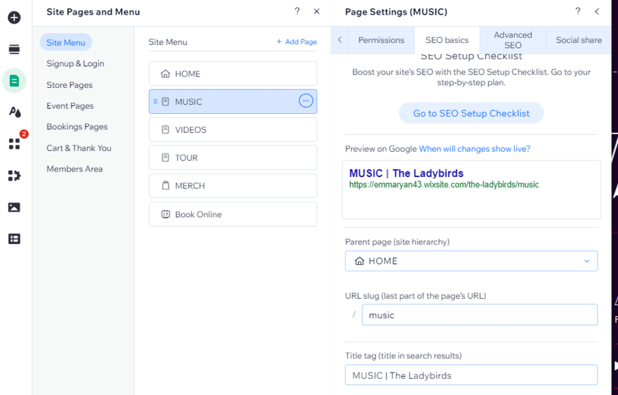 Wix editor showing the sidebar menu of page settings, with the page SEO settings on display