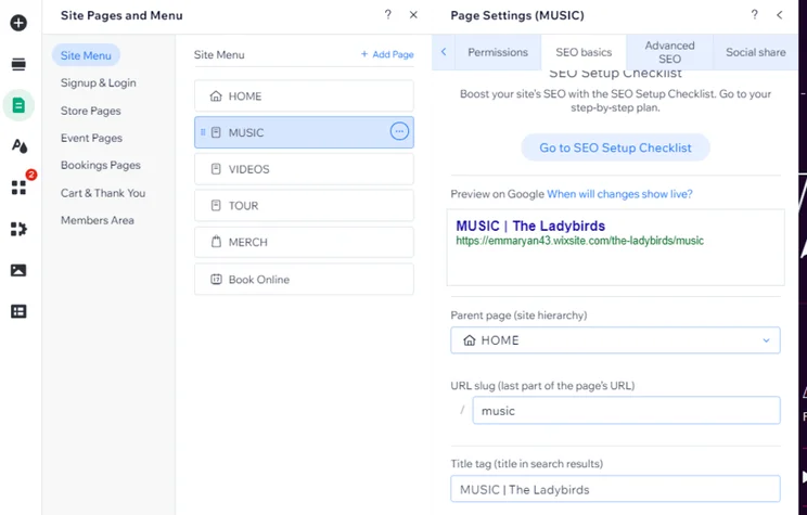 Wix editor showing the sidebar menu of page settings, with the page SEO settings on display