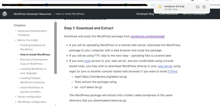 Screenshot of step 1 in a WordPress installation guide, showing the download and extraction process instructions.