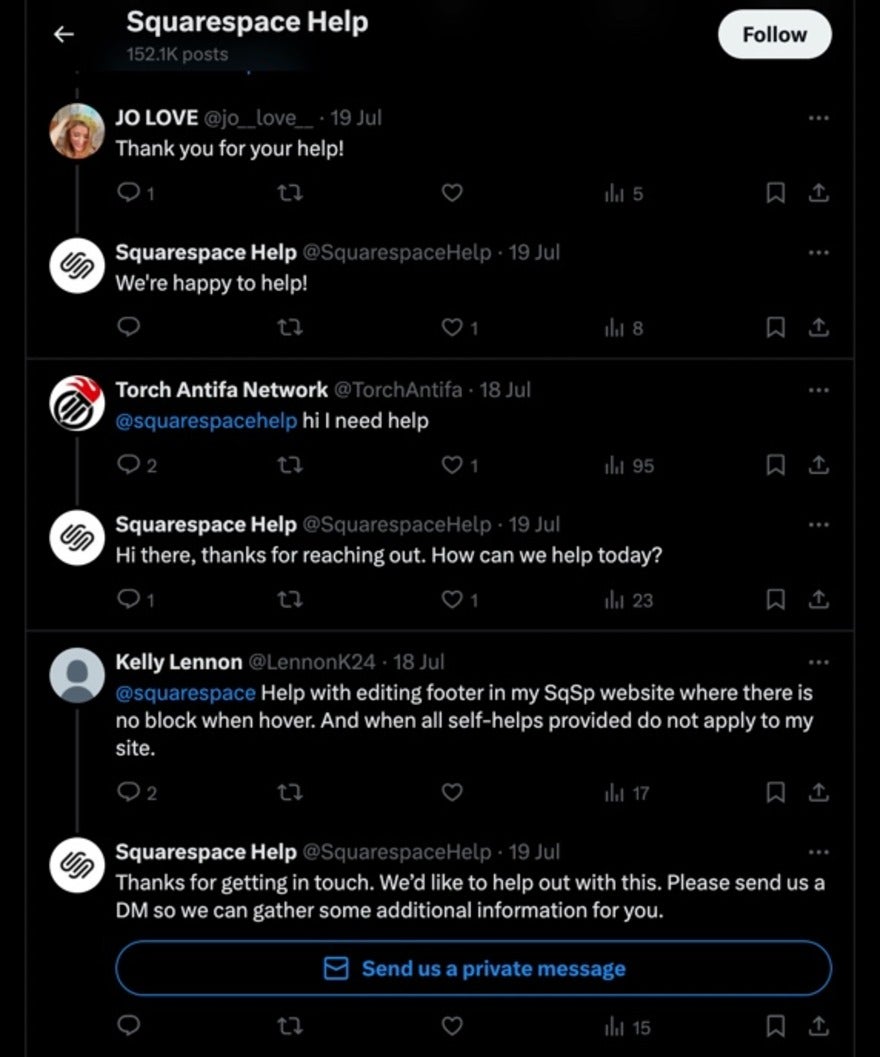 screenshot of Squarespace customer serve X account