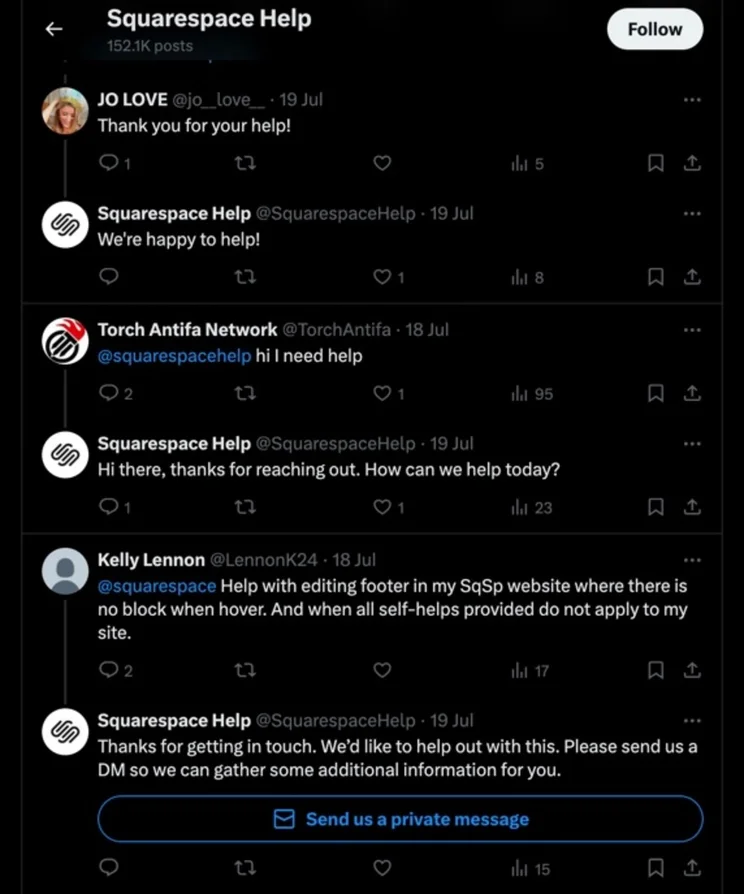 screenshot of Squarespace customer serve X account