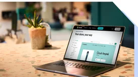 A laptop on a table with a potted plant next to it, and displaying an ecommerce platform on-screen