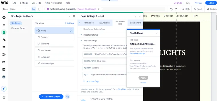 Screenshot of a user navigating the Wix Dashboard settings with various menu options displayed.