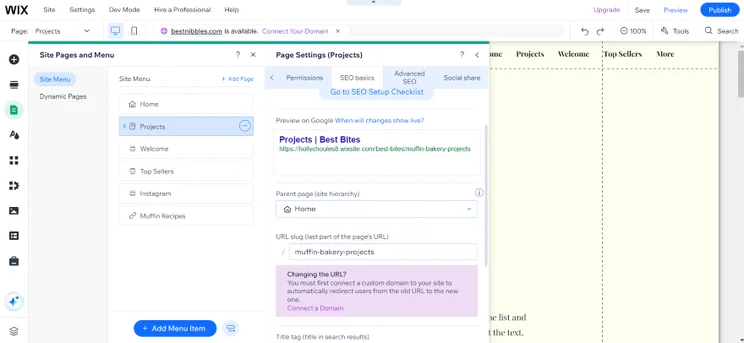 A user interface screen showing a Wix SEO settings panel for optimizing page URL structure.