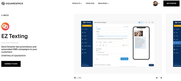 EZ Texting Squarespace plugin homepage