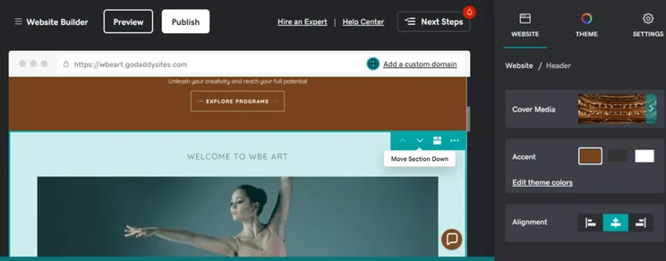 GoDaddy editor for a performing artist website