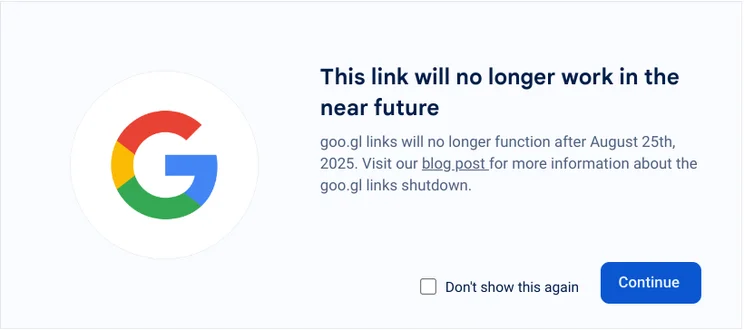 Google page showing goo.gl links will stop working in August 2025