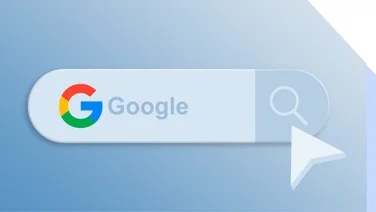 Blue background with a stylized Google search bar icon