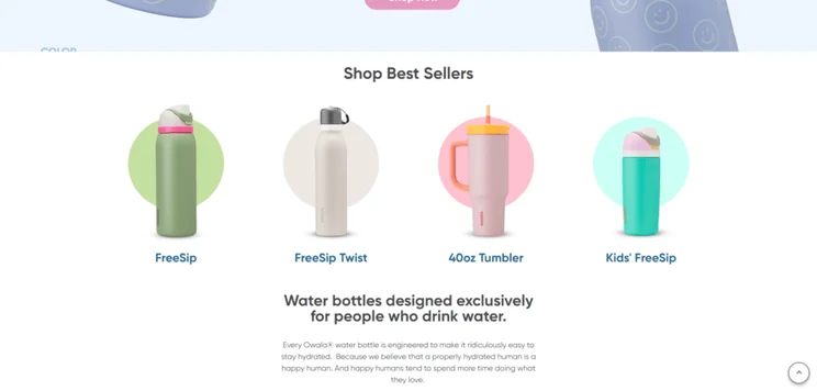 Owala homepage presenting its four best selling reusable water bottles