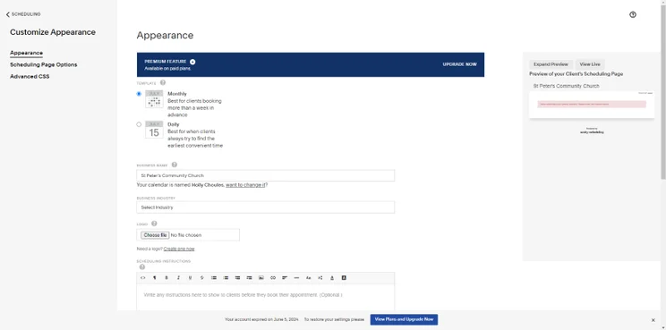Screenshot of a Squarespace dashboard interface showing options to customize the appearance of a user's scheduling page.