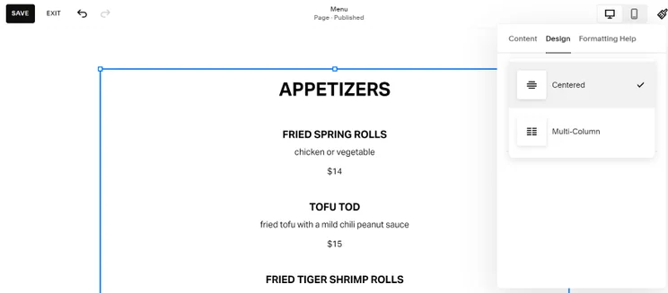 Screenshot of a menu page on a Squarespace website listing different dishes and prices.