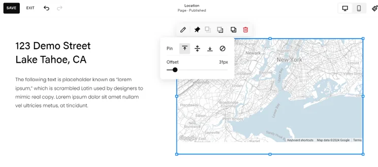 Screenshot of a Squarespace page featuring a map and heading with an American address