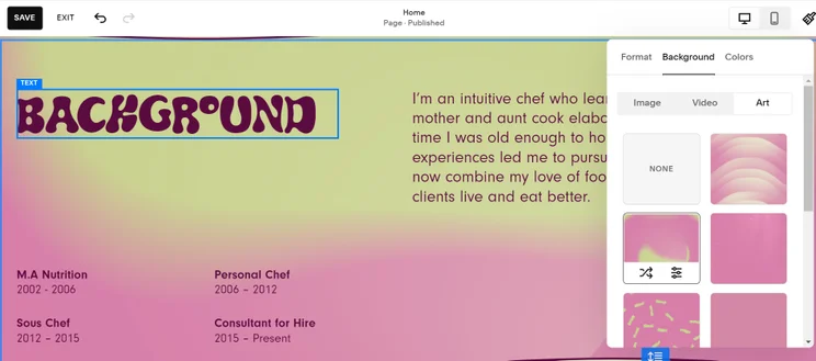 Screenshot of a Squarespace website for a chef showcasing their background